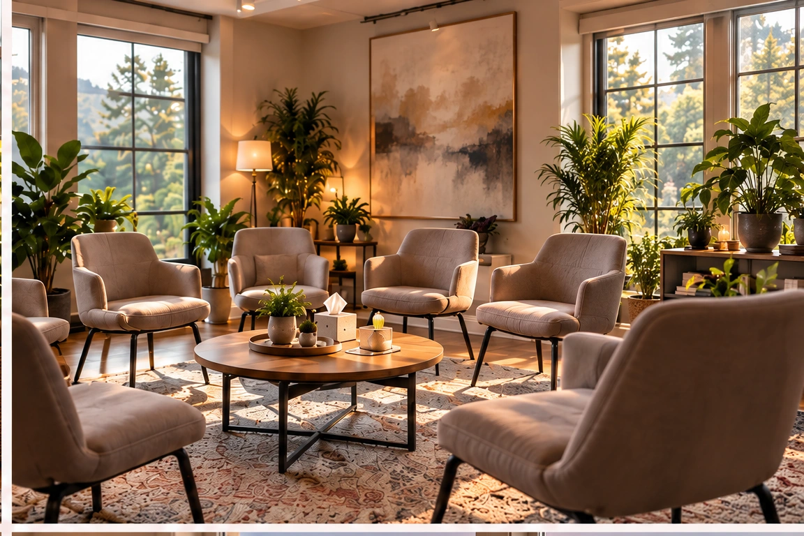 Illustrative therapy room with chairs arranged for a group conversation.